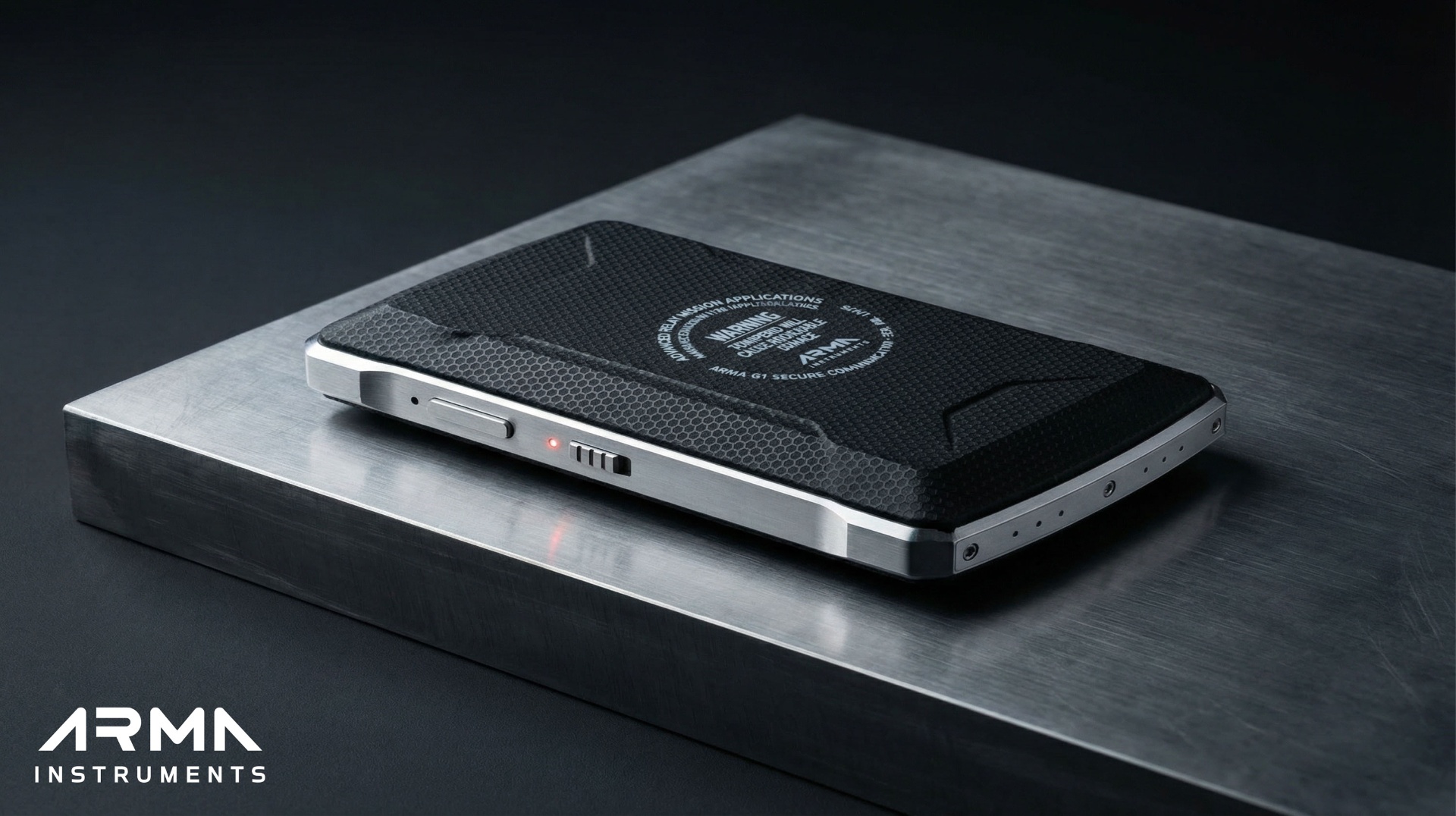 ARMA G1 secure communicator device on a brushed aluminium surface, showing the rugged carbon-fibre back panel and ARMA Instruments logo.